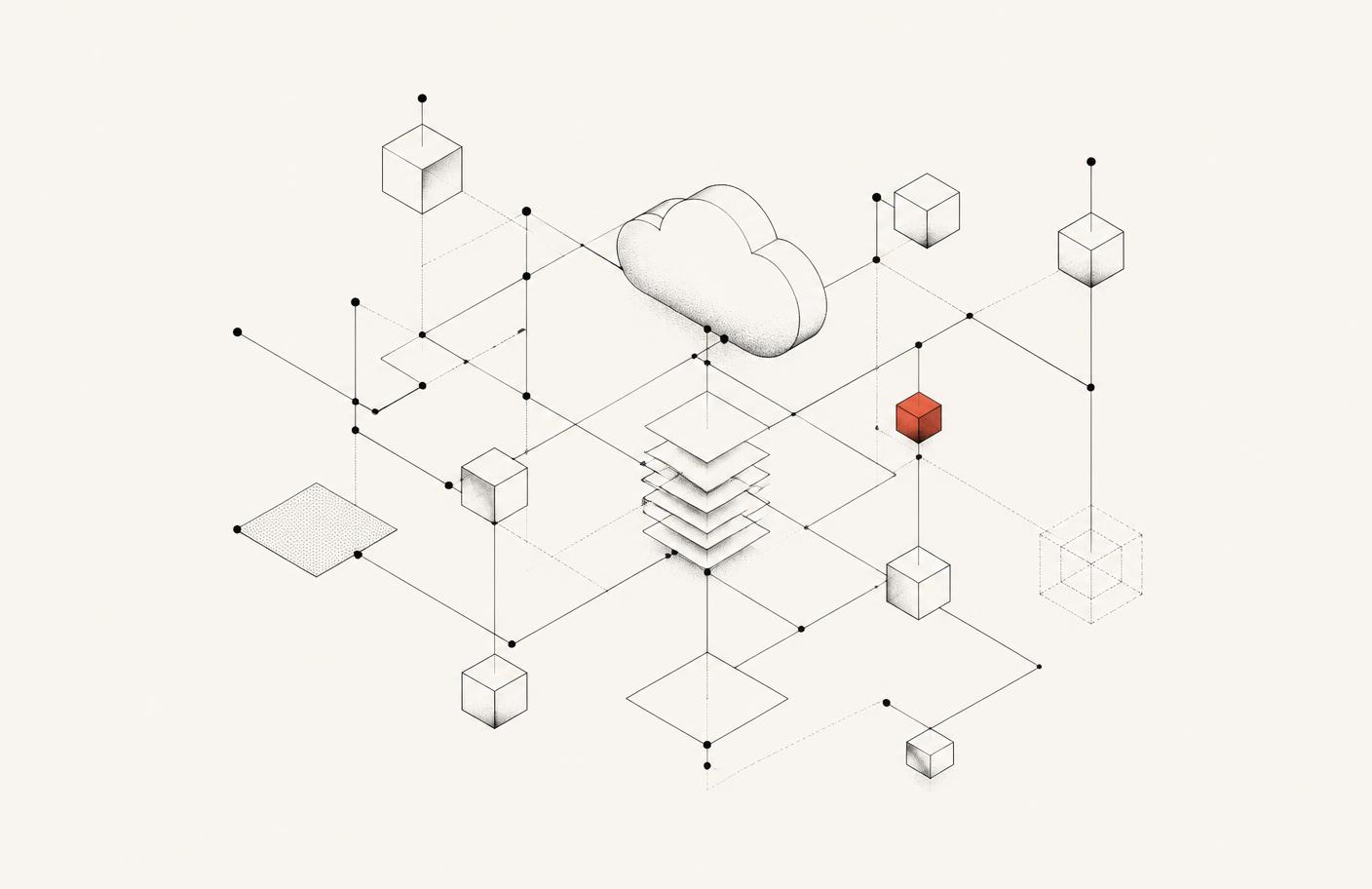 Line-drawn diagram of a cloud architecture with connected service nodes